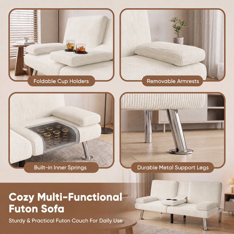 Lacoo Futon Sofa Bed, Corduroy Convertible Couch Sleeper Sofa, Cup Holders, Small Spaces,Beige
