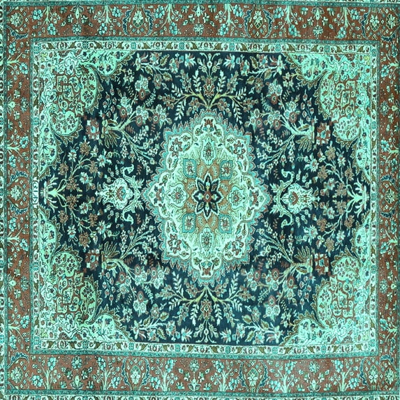 Ahgly Company Indoor Square Medallion Turquoise Blue Traditional Area Rugs, 7' Square