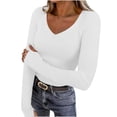 thumbnail image 3 of ClodeEU Women's Fall V Neck Slim Long Sleeve T Shirts,Stretchy Layer T Shirts Y2K Tops White,Womens Plus S, 3 of 9