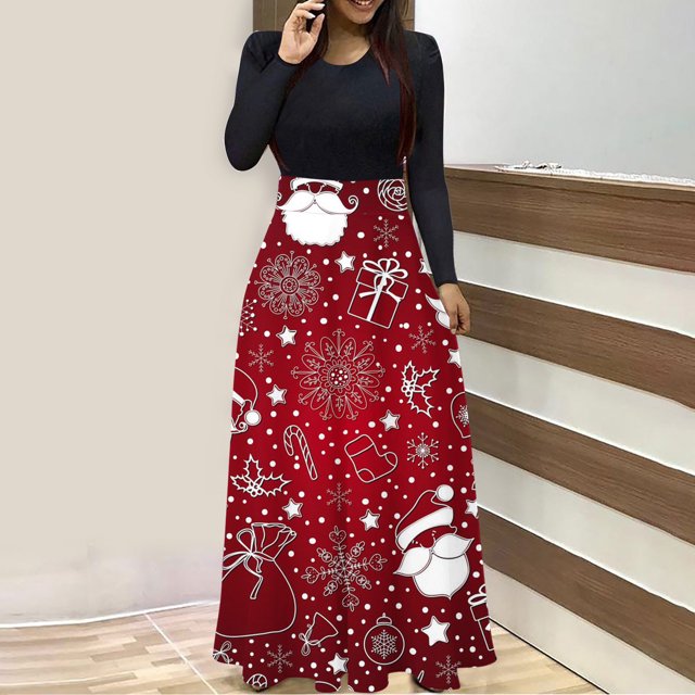 ICHUANYI Liquidación Vestido maxi informal de playa con cuello redondo y manga con estampado navideño para mujer ICHUANYI WER202308247139