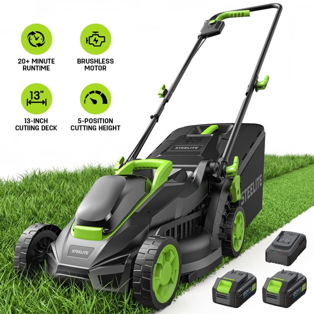 Steelite 13-Inch Cordless Lawn Mower, 21V Electric Lawn Mowers with Brushless Motor for Garden,2*4.0Ah Battery & Charger Included