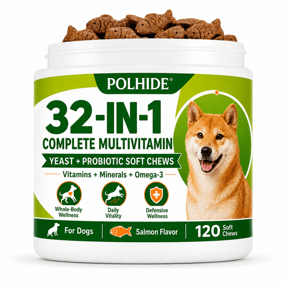 POLHIDE 32-in-1 Dog Multivitamin with Omega-3, Yeast and Probiotics, Salmon Flavor, 120 Soft Chews