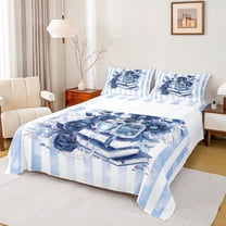 Manfei Girl Perfume Bed Sheets,Blue Flower Floral King Sheets,Modern Geometric Stripes Sheet Set For Girls,Microfiber Bedroom Decor,4-Piece