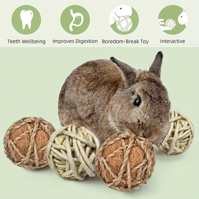 4pcs Small Animals Play Balls, Chew Grass Balls Rolling Chew Toys For Bunny, Rabbit, Guinea Pigs, Hamsters, Gerbils, Pet Cage Entertainment Accessories (2.75 Inch)