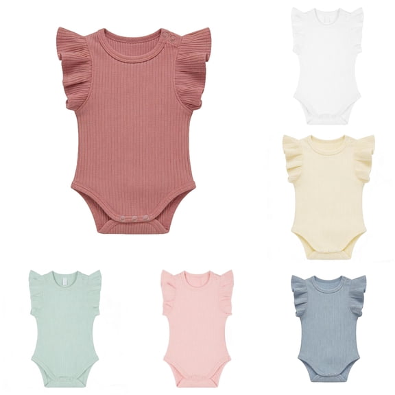 LIIPEE Baby Girls Ribbed Knit Bodysuits Summer Sleeveless Flutter Sleeve Solid Color Onesies Kids Comfortable Cute Crawling Clothing,6-9 Months