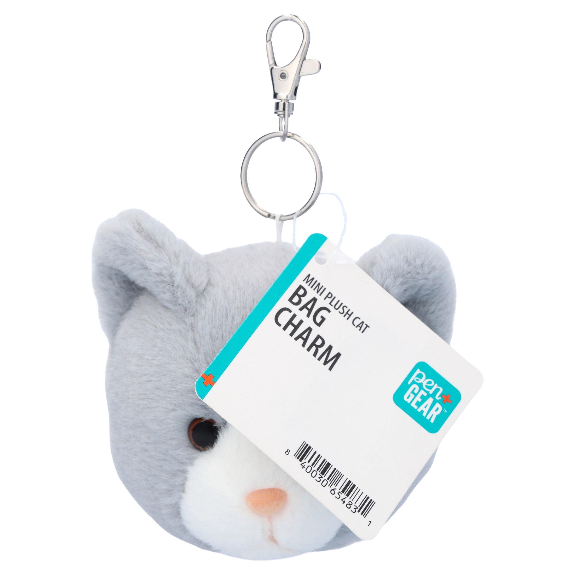 Pen+Gear Mini Plush Cat Bag Charm, Gray and White