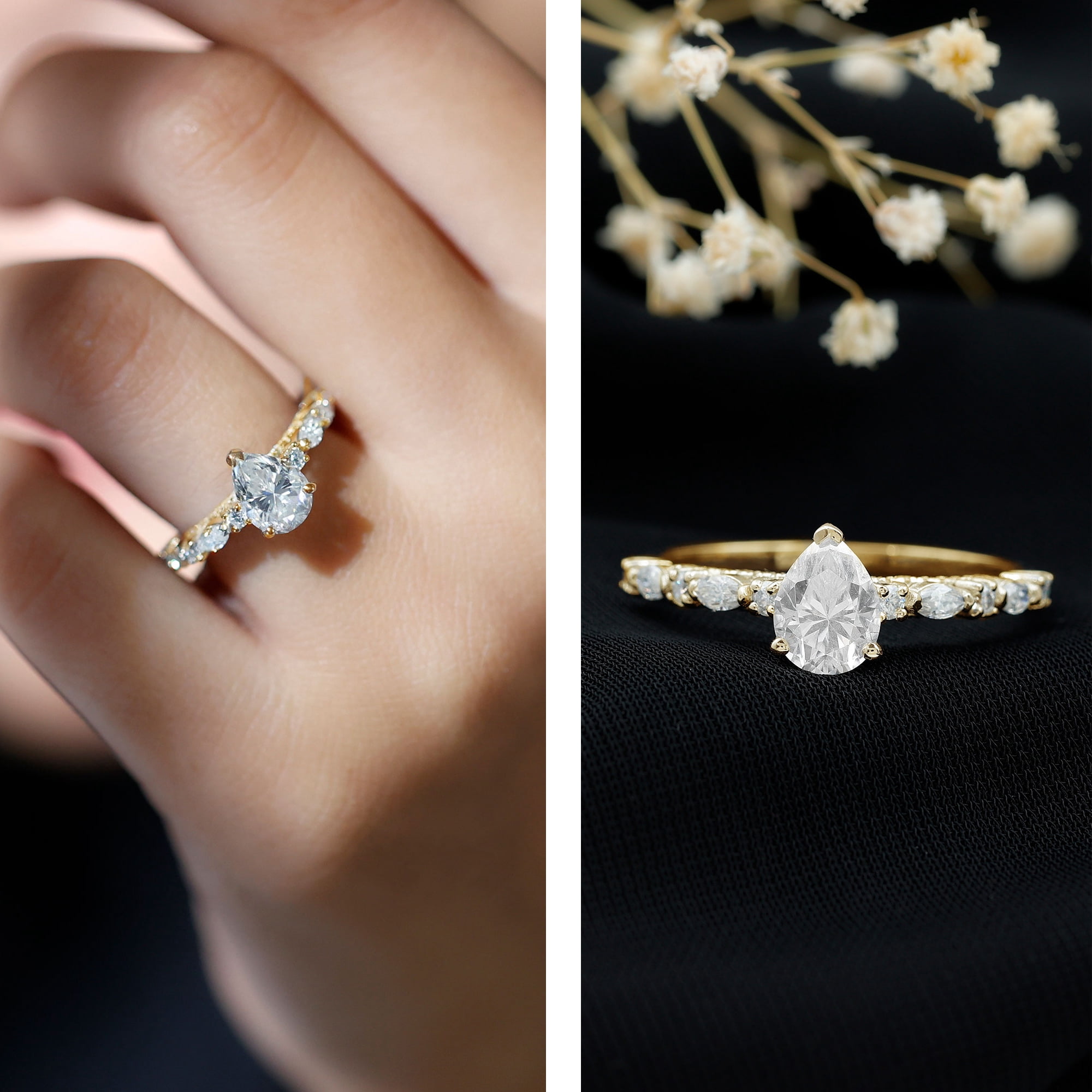 Rosec Jewels Pear Shaped Moissanite Solitaire Engagement Ring for Women - 1 Ct - 6X8 mm - D-VS1 Grade, 14K Yellow Gold, US 4.00