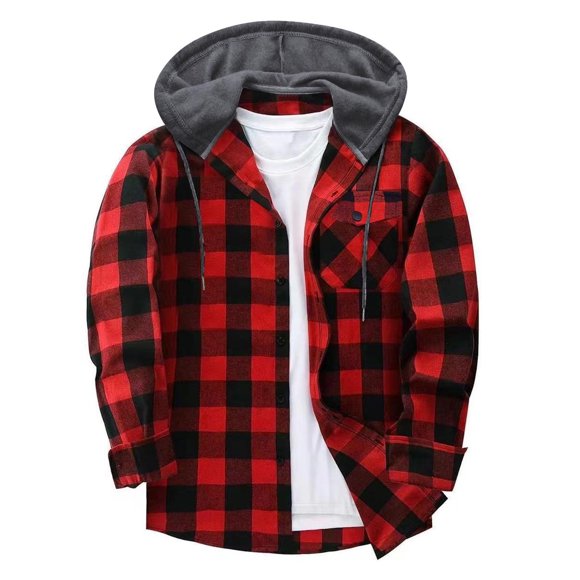 aohooy Buffalo Plaid Shirt Men - Stylish Casual Button Down Long Sleeve Jackets Shacket with Pockets Red,XL