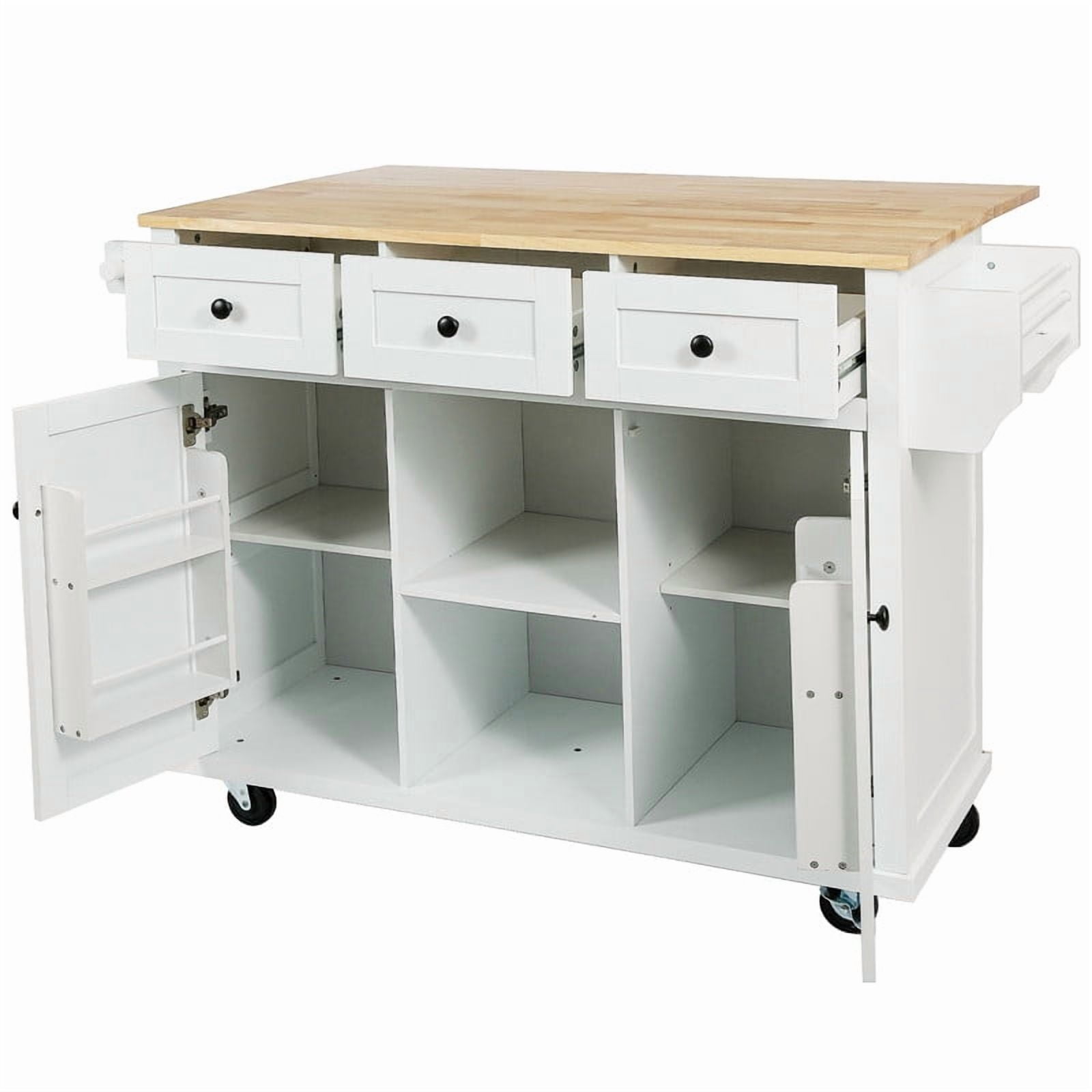 HICOMILA Kitchen Island Cart with Drop Leaf, Rolling Kitchen Island on Wheels with Storage Cabinet, Rubber Wood Countertop, 5 Drawers & Cabinet Door Storage Racks, White