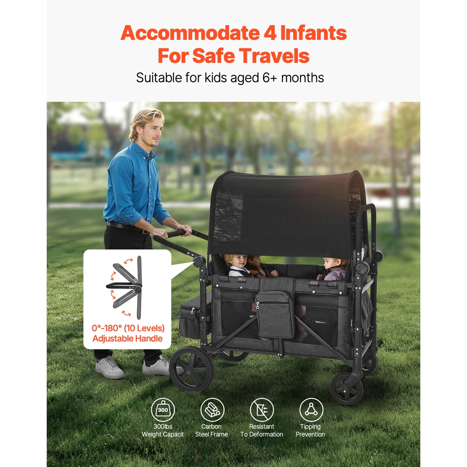KFFKFF Four-Child Buggy, Adjustable Handle Quad Folding Carriage, Safety Straps & Detachable Shade, Quad Seating Buggy for Outdoor Activities, Charcoal Grey & Ebony (330LBS Capacity)