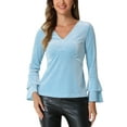 thumbnail image 1 of INSPIRAR CHIC Blusa de terciopelo de Navidad para mujeres, escote en V, fiesta de Halloween, top peplum de manga larga acampanada, talla L, azul claro, 1 of 6