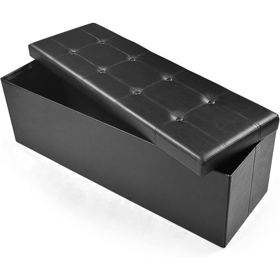 LINJH 45 Inches Folding Storage Ottoman Bench, Storage Chest Footrest Stool with Faux Leather, Entryway Bench 45'' x 15'' x 15'' (Black)