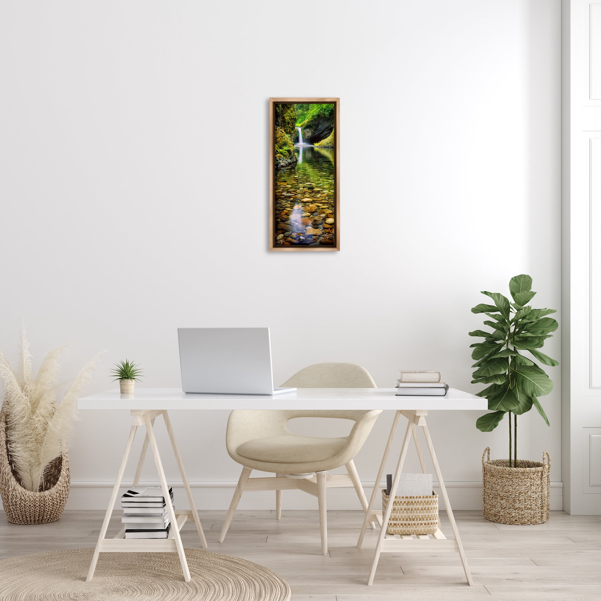 Stupell Industries Clear Stream Waterfall Photography Landscape Photography Brown Floater Framed Canvas Art Print Wall Art, 11 x 25