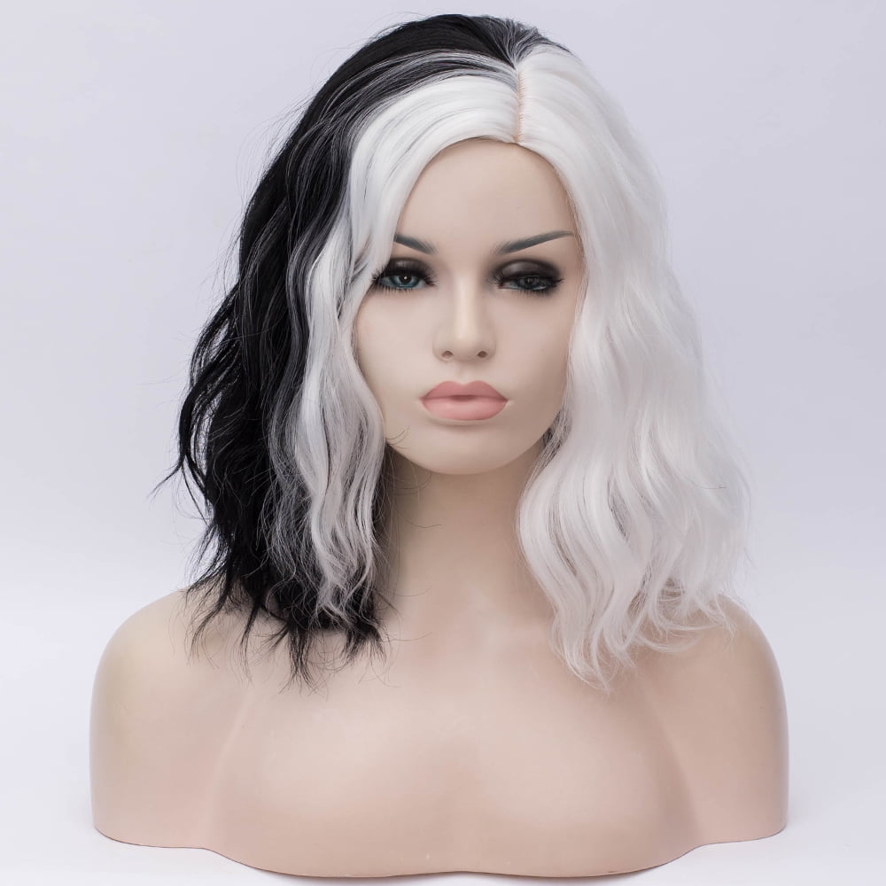 Righton Black And White Wig Short Curly Wavy Wig Half Black And Half White Wig For Women Girls Synthetic Hair Wigs With Wig Cap Walmart Com