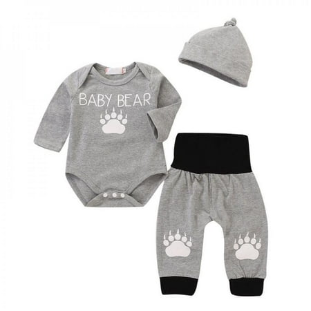 

3PCS Newborn Baby Infant Romper Trousers Bear Print Cotton Bodysuit Long Pants Hat Outfits Clothes Set 0-18M