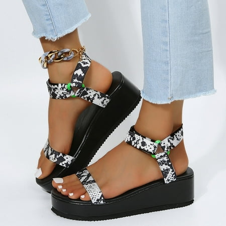 

uikmnh Women Shoes Fashion Summer Canvas Colorful Tie Dye Round Toe Wedge Platform Sandals Black 6.5