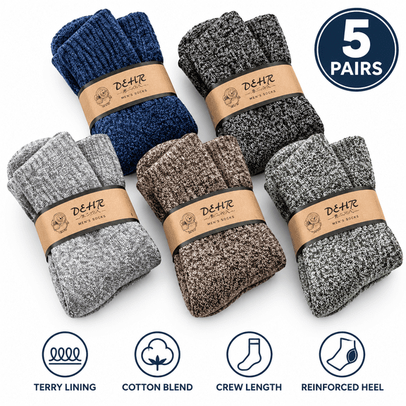 5 Pairs Men's Winter Thermal Crew Socks, Thick Warm Terry Lined Cotton Boot Socks 5 Assorted Solid Colors