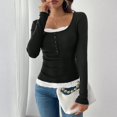 thumbnail image 4 of CIENVNSTG Women Lace Patchwork Ribbed Knit Tee Scoop Neck Casual Slim Fit Long Sleeve Crewneck Button Up Ruched Crop T-Shirts Black L, 4 of 7