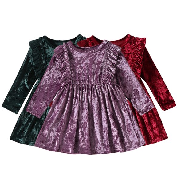 WOLLED Baby Girls Velvet Ruffle Dress Toddler Pageant Party Gown Spring Fall Long Sleeve Wedding Evening Dress 9M-4Y Winter Christmas A-Line Vintage Dresses