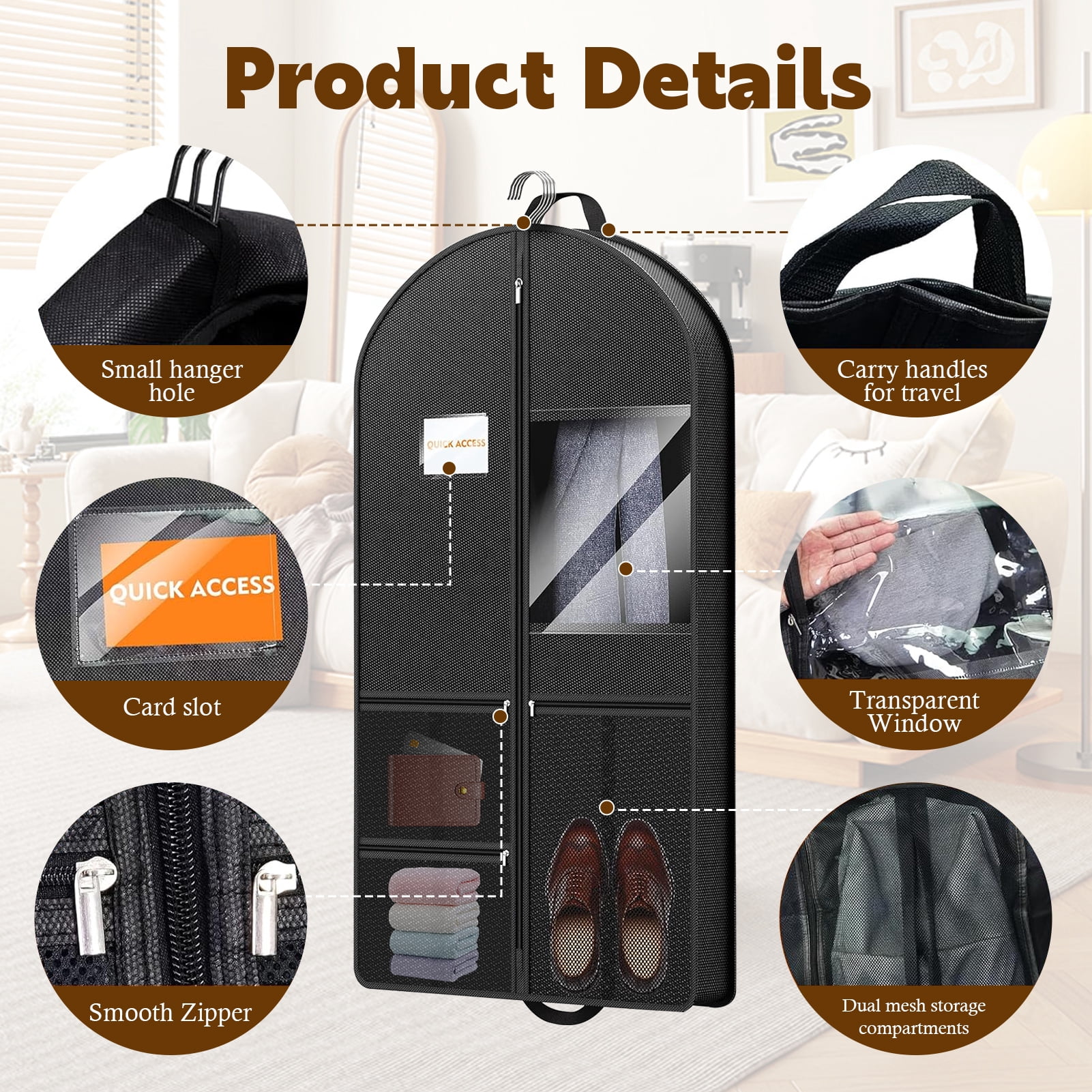 Godance 3 Pcs 43" Garment Bags  for Travel, 3" Gusseted Foldable Garment Bags for Hanging Clothes, Heavy Duty Dress Suit Bag with 3 Pockets, Waterproof Garment Bags for Suits, Coats, Jacket, Shirt