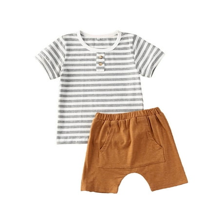 

CIYCuIT Infant Toddler Baby Boy Summer Clothes Striped O-Neck T-Shirt Tops Shorts Pants with Pockets 2Pcs Outfit Set