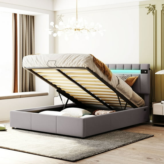Upholstered Queen Platform Bed Frame with LED Lights Headboard, Bluetooth Player, USB Charge, Hydraulic Storage System, Queen Bed Frame with Metal and Wood Slat Support, No Box Spring Needed, Gray