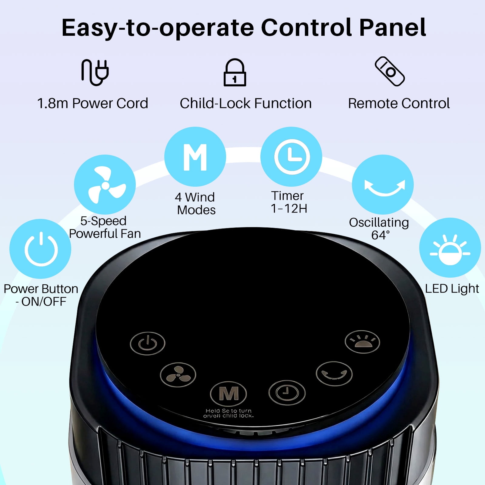 Tower Fan for Home, 64° swivel Standing Floor Fan with Remote, Bladeless Fan Cold Air Quiet, 5 Speeds, 4 Modes, LED Display, Black