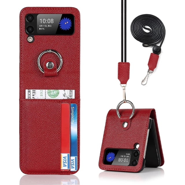 Ultra Slim Leather Wallet Case Compatible With Samsung Galaxy Z Flip 3 With Card Slots Lanyard
