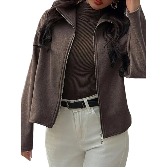 Women's Jacket Zip Up Mock Neck Long Sleeve Casual Jackets Outerwear Brown L
