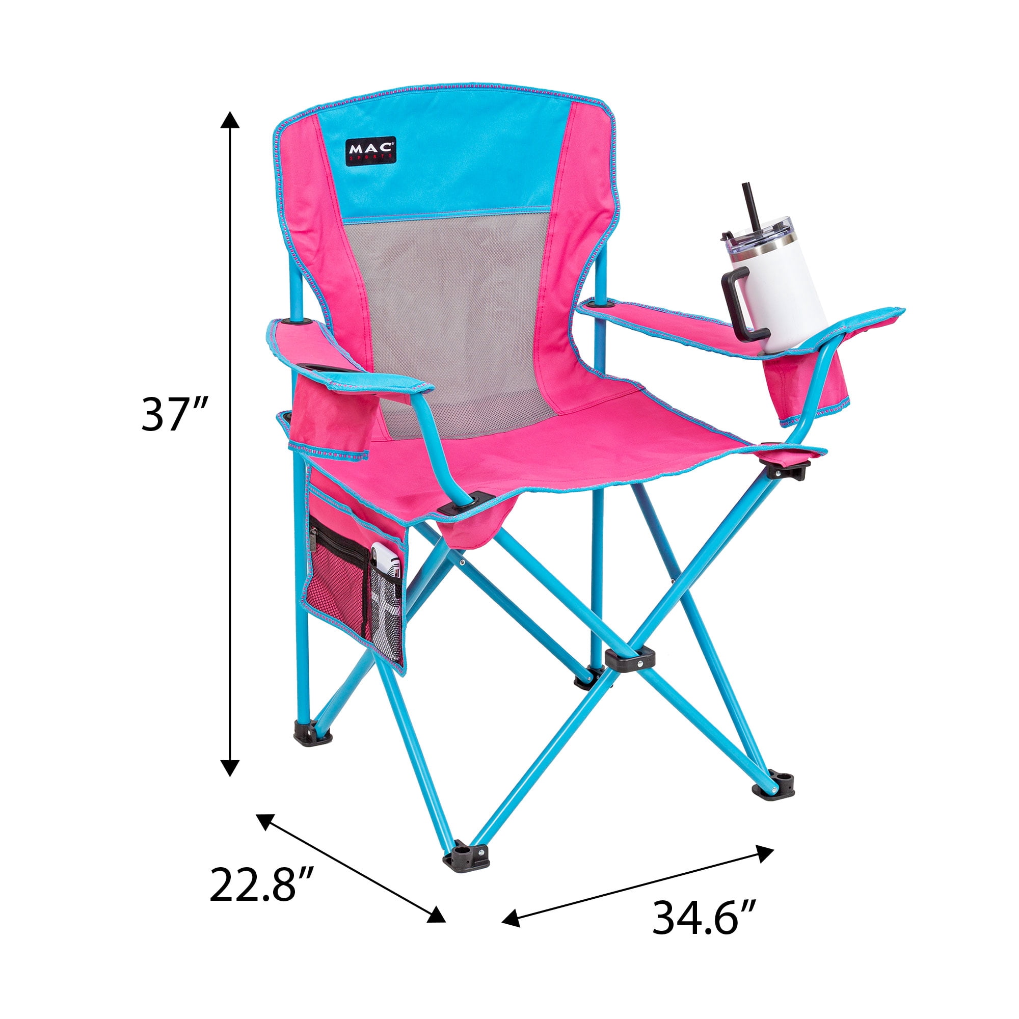 Macsports Oversized Folding Camp Chair with Cup Holders, Pink with Blue Accents and Frame