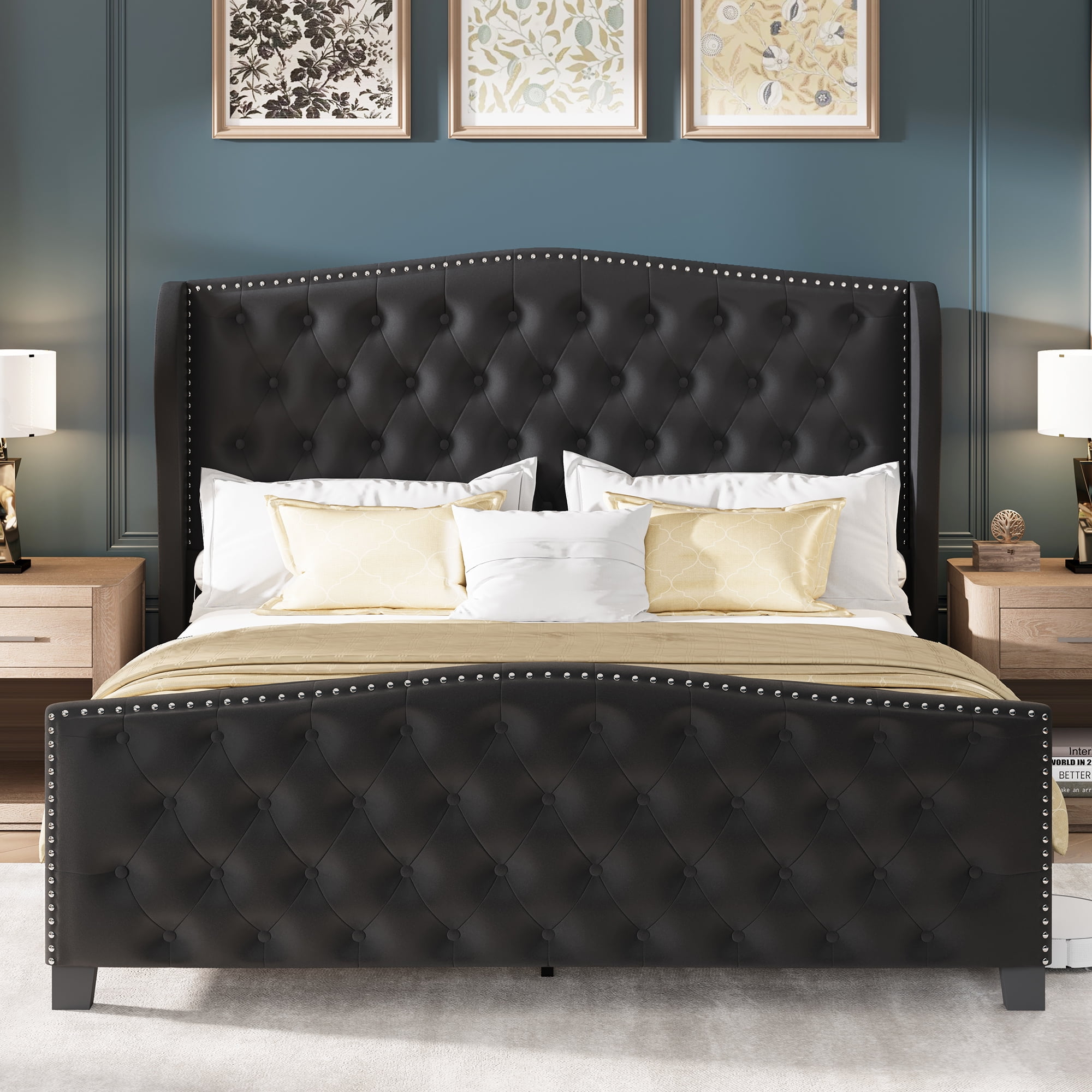 Breltam Queen Size Bed Frame Velvet Upholstered Platform Bed with Wingback Headboard, Dark Grey