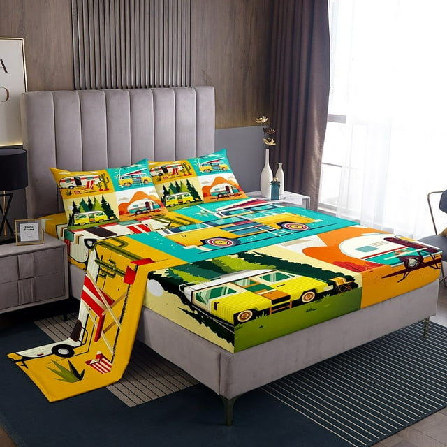 Erosebridal RV Car Sheet Set King, Cartoon Camping Bedding Sets King Size, Camper Theme Decor 4 Pieces