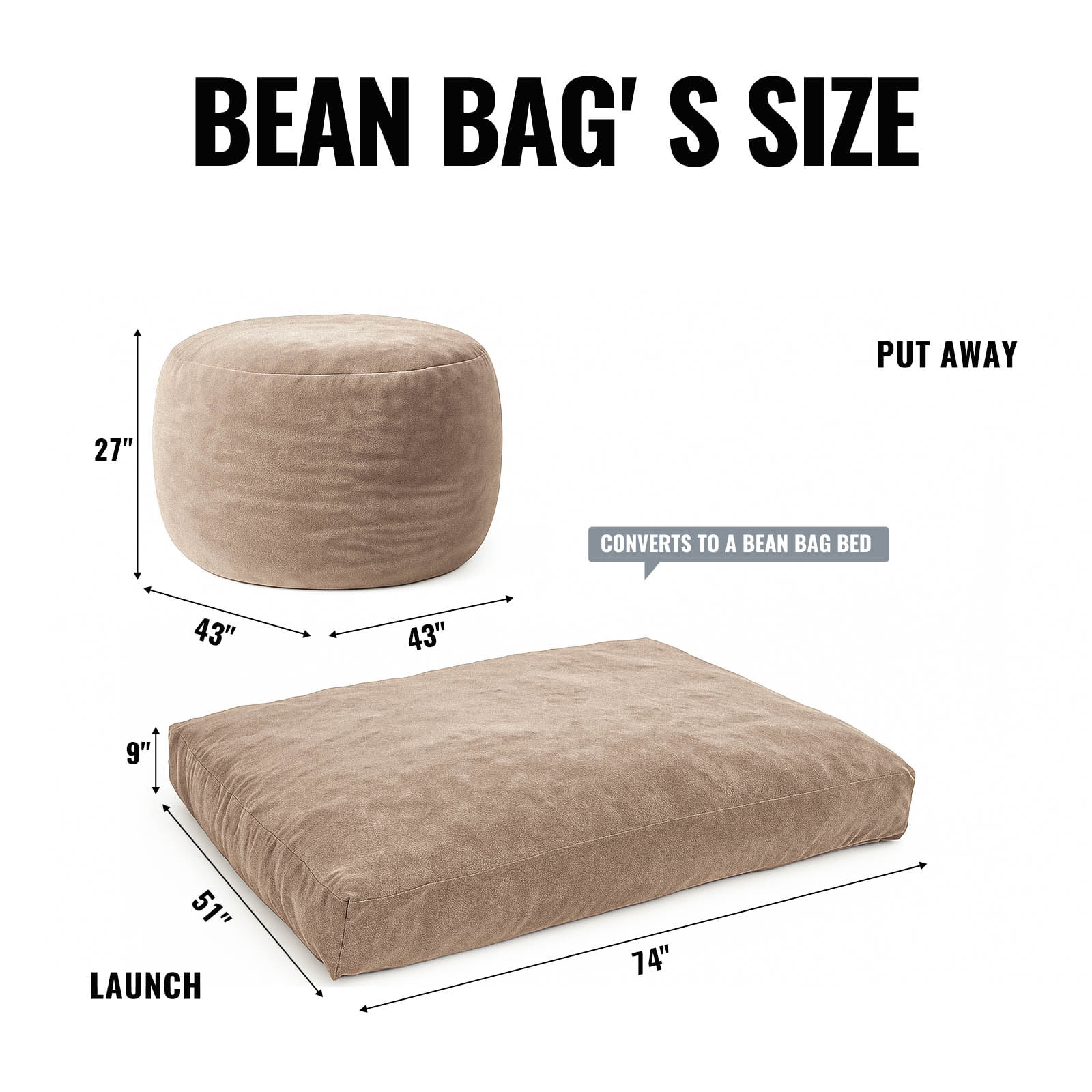 Bean Bag Chair,Convertible Bean Bag Chair Bed Giant Bean Bag Chairs for Adults Memory Foam Bean Bag Bed for Adults Bean Bags Chair that Turns into Bed