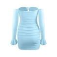 thumbnail image 4 of Womens Sexy Off Shoulder Ruched Bodycon Mini Dress Ruffle Long Sleeve Chest Lace-Up Dress Party Club Short Dresses, 4 of 7