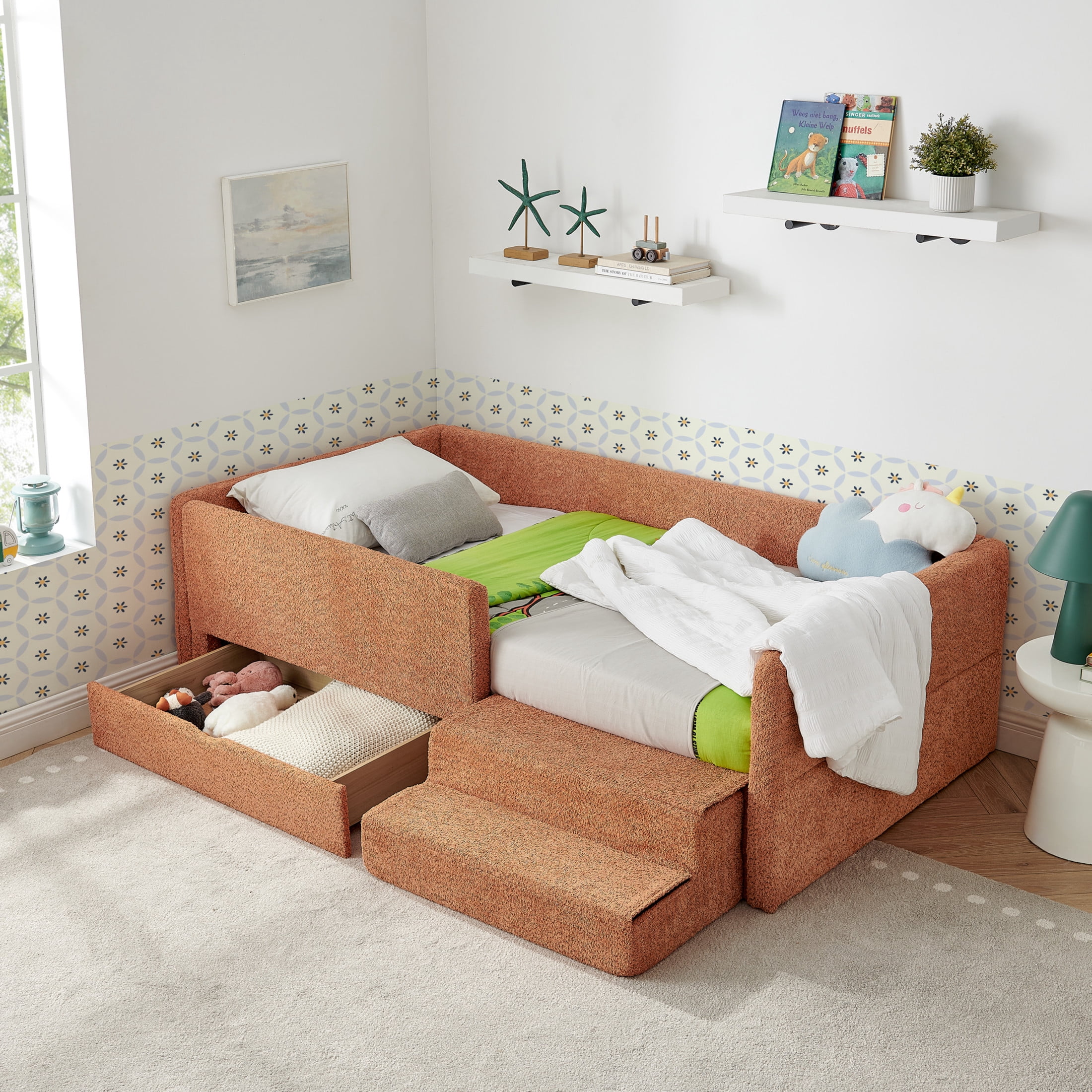 Noble House Twin Size Boucle Kids Bed, Safety Guardrails Toddler Bed Frame with Step Stool and Storage Drawer, Orange