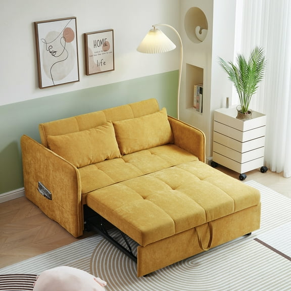 [VIDEO provided]Chenille fabric pull-out sofa bed,sleeper loveseat couch with adjustable armrests-Yellow