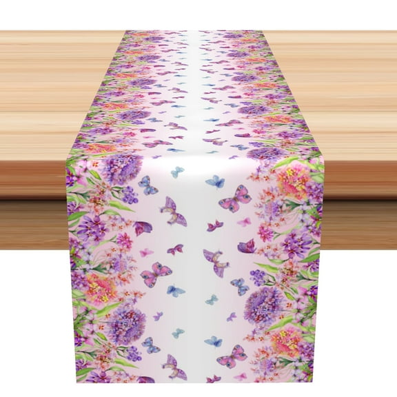 SUNOLIFE Purple Floral Table Runner,Butterfly with Flowers Kitchen Dining Table Decoration for Home Party 13 x 72 Inches