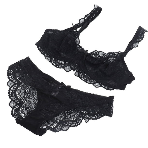 Women's Lace Bra Panties Ultra Thin Hollow Out Charming Attractive  Breathable Underwear Set Black 80C 