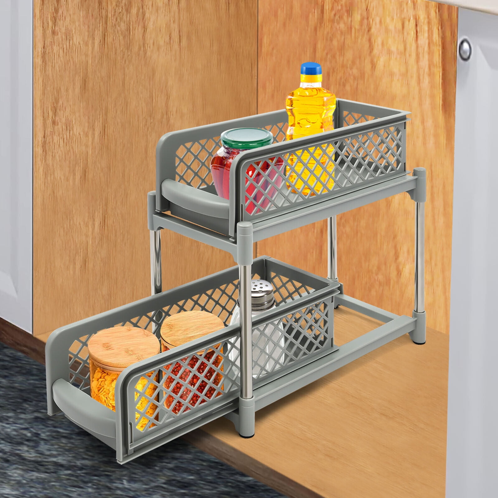 2-Tier Under Sink Organizer with Pull Out Sliding Storage Drawer for Home Bathroom Kitchen White/Grey 14.57in