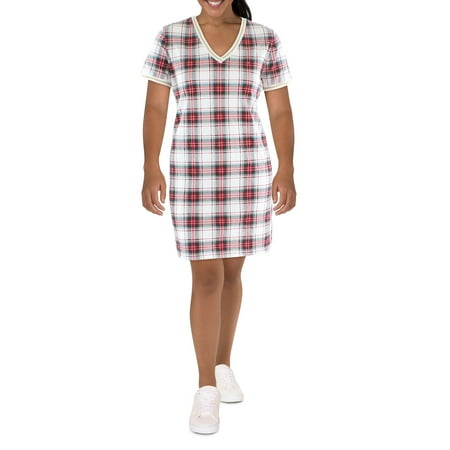 Tommy Hilfiger Womens Metallic Trim Plaid T-Shirt Dress