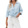 thumbnail image 1 of Blusa informal holgada de manga larga azul cielo para mujer, con cuello vuelto, botones y escote en V, talla XL, 1 of 8