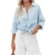 thumbnail image 1 of Blusa informal holgada de manga larga en color azul cielo para mujer, cuello vuelto, escote en V y color liso, talla M, 1 of 8