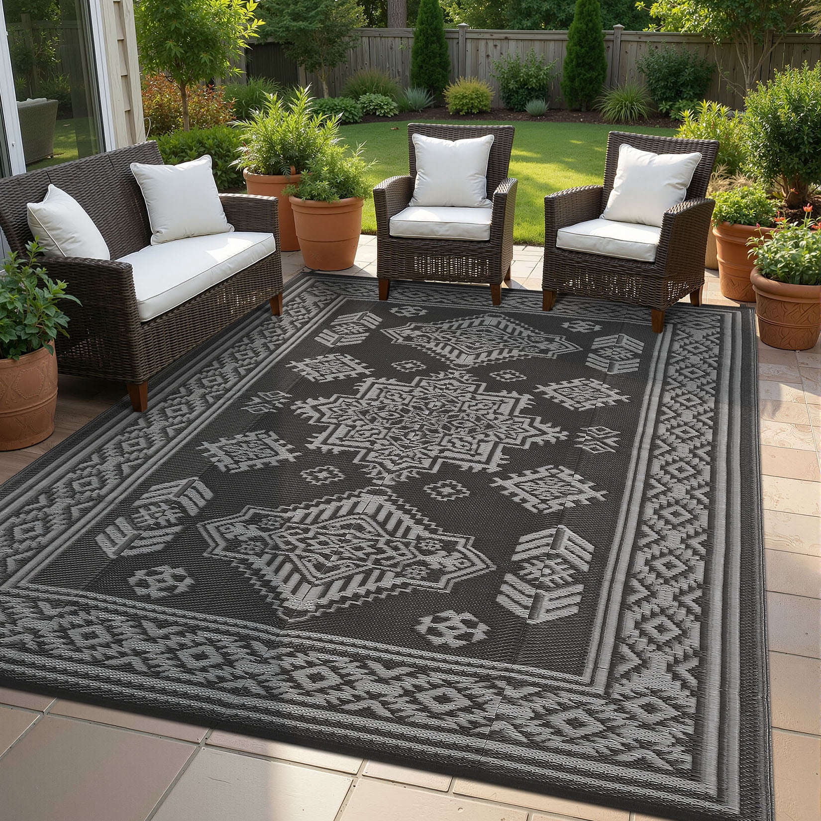Nanan 9'x18' Indoor Outdoor Rug Boho Waterproof Plastic Straw Patio Rug, Reversible RV Camping Carpet for Backyard, RV, Deck, Porch, Balcony, Black