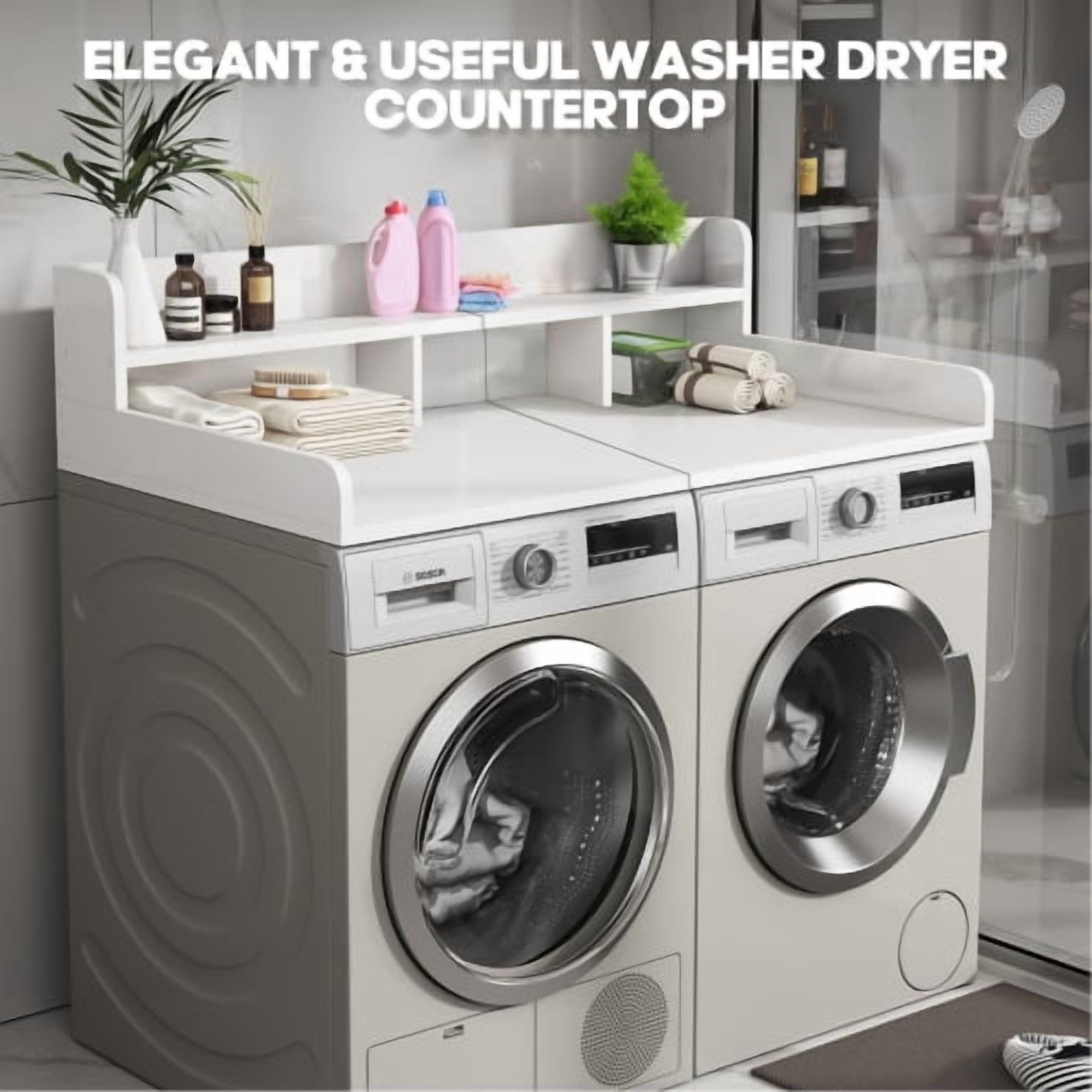 Washer Dryer Countertop with Non-Slip Pads – 54" x 27.5" Laundry Wood Shelf Topper with Raised Edge, Double Layer Organizer for Washer and Dryer, Laundry Hamper Counter Storage, White