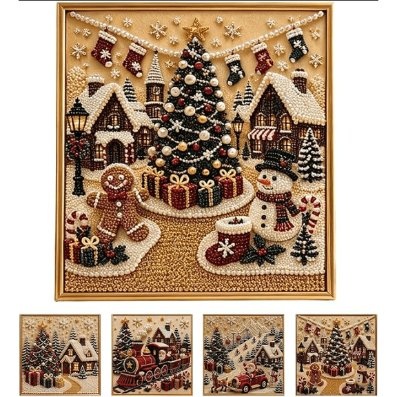 DIY Christmas Pearl Diamond Painting Art Kit with Frame Xmas Gemstone Pearl Beads Craft for Tabletop Mounting Wall Home Decor, Relaxing & Beginner-Friendly Adults