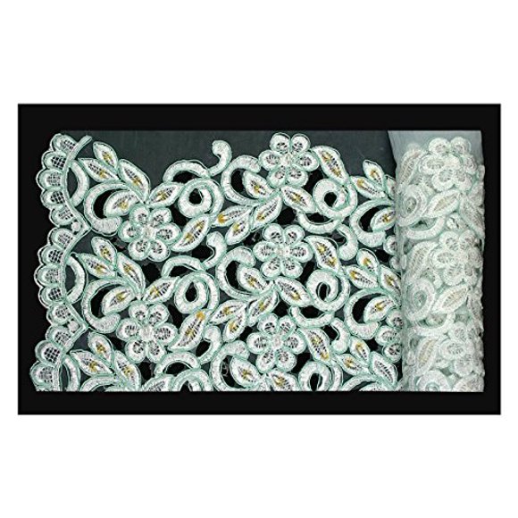 Altotux 52 Pouces Tissu Textile à Broderie Florale Perlé Fait Main Deux Tons Blanc Bleu Vert Rose Fournitures par Yard (Vert)