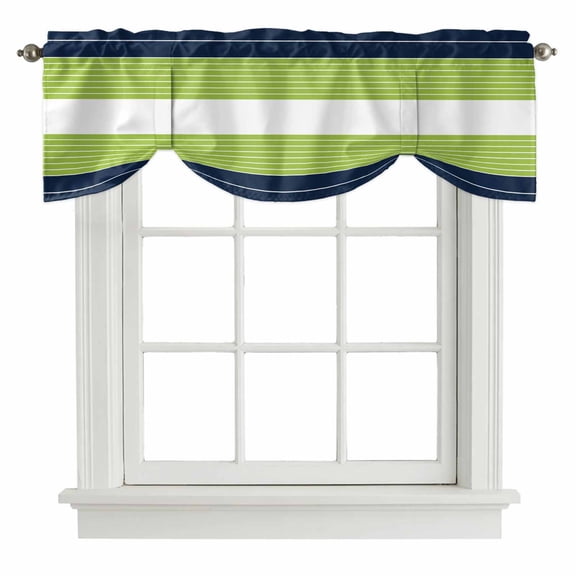 Tie Up Valances for Windows, Navy Blue Green Stripe Adjustable Valance Curtains Window Treatment for Living Room, Modern Art Horizontal Striped Rod Pocket Kitchen Curtains & Drapes 42x12 Inch