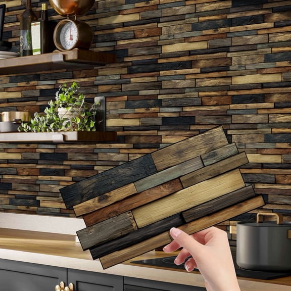 12Pcs Peel and Stick Waterproof Tiles Stickers 4.72 x 9.68inch Brown Gray Wood Grain DIY Wall Decals Self Adhesive Backsplash Kitchen Decor