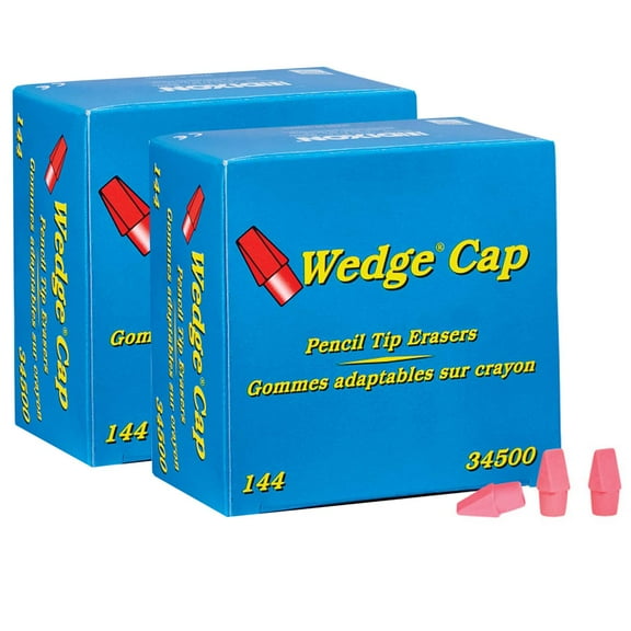 Dixon Wedge Pencil Cap Erasers, Pink, 144 Per Pack, 2 Packs