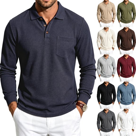 Casual Long Sleeve Polo Shirts For Men Solid Color Waffle Knit Chest Pocket Business Golf Tops
